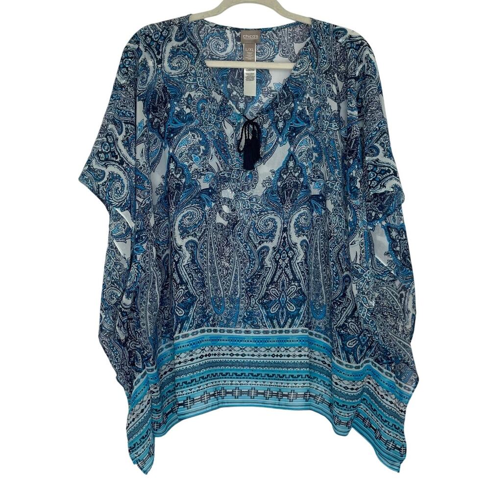 Chico's blue paisley sheer boxy blouse women's size L/XL V-neck unlined